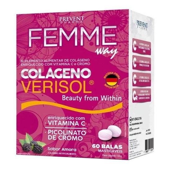 Colágeno Verisol Femme C/60 Balas Mastigáveis Prevent Menor preço em Colágeno Verisol Femme C/60 Balas Mastigáveis Prevent