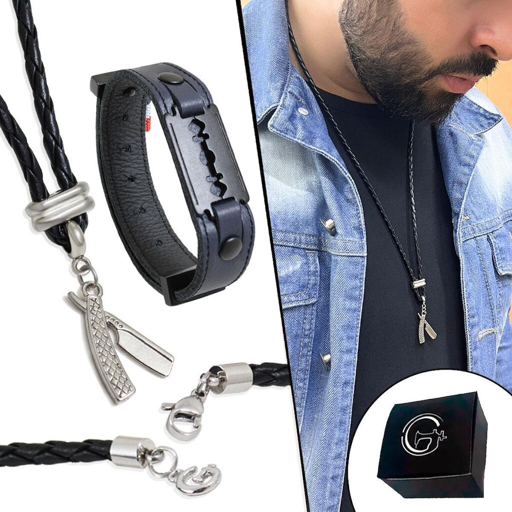 Colar Couro Navalhete Trançado e Pulseira All Black Azul Lâmina Strap Plug - NE