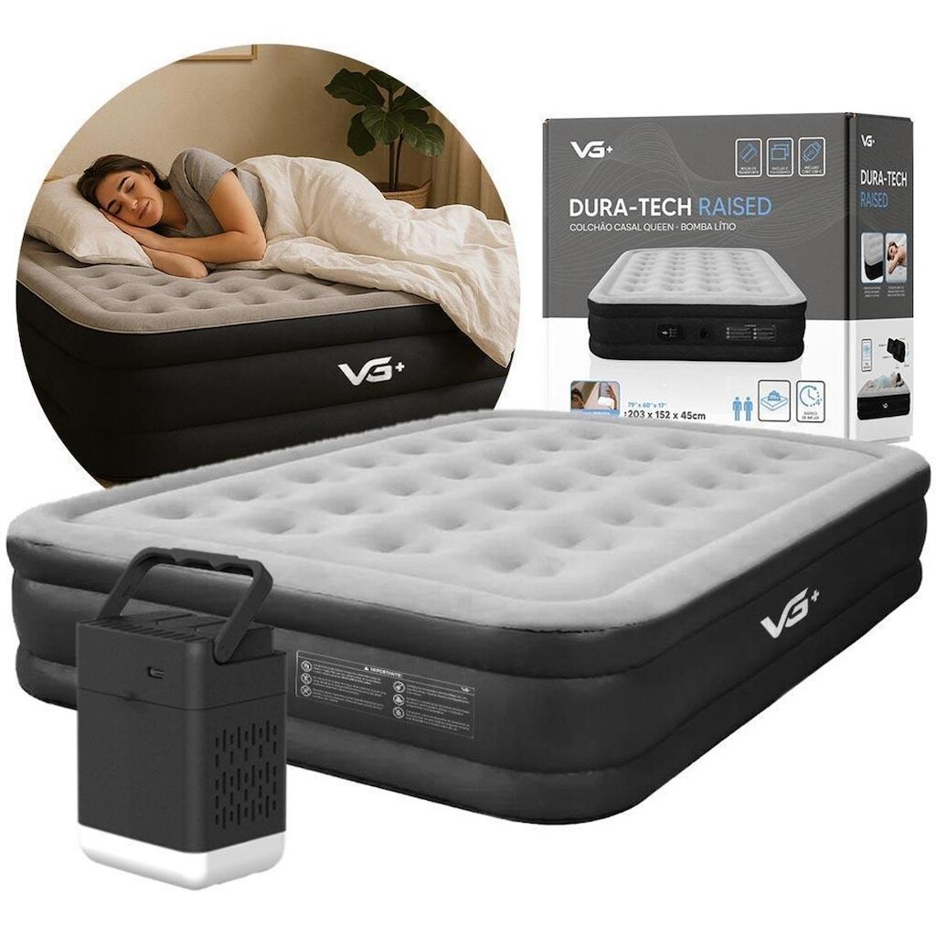 Colchao Casal Queen Raised com Bomba Lítio USB VG Plus Preto