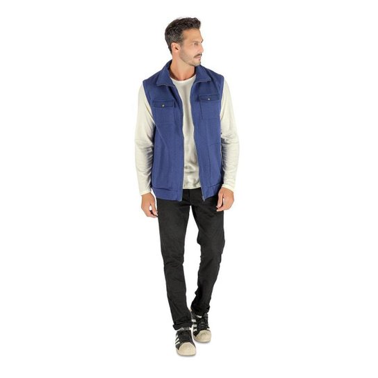 Colete Masculino Moletom Algodão Bolso Estilo Despojado - Azul Escuro Menor preço em Colete Masculino Moletom Algodão Bolso Estilo Despojado - Azul Escuro