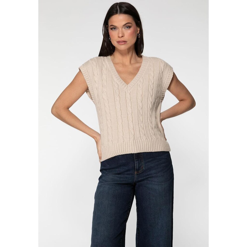 Colete Tricot Tranças Decote V Creme