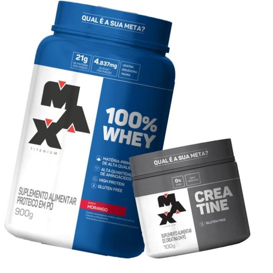 COMBO 100% WHEY 900G + CREATINE 100G - MAX TITANIUM. Menor preço em COMBO 100% WHEY 900G + CREATINE 100G - MAX TITANIUM.