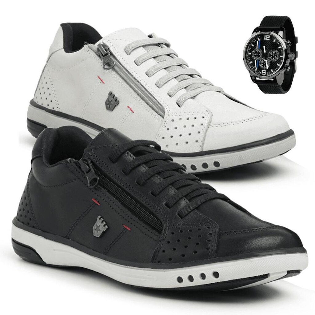 Combo 2 Pares De Sapatenis Madrid + Relogio - Gelo E Preto