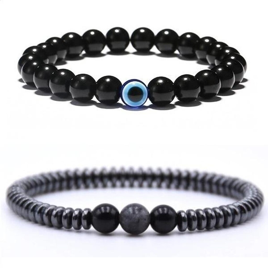 Combo 2 Pulseiras Masculinas Bolinha Pedra Hematita Preta