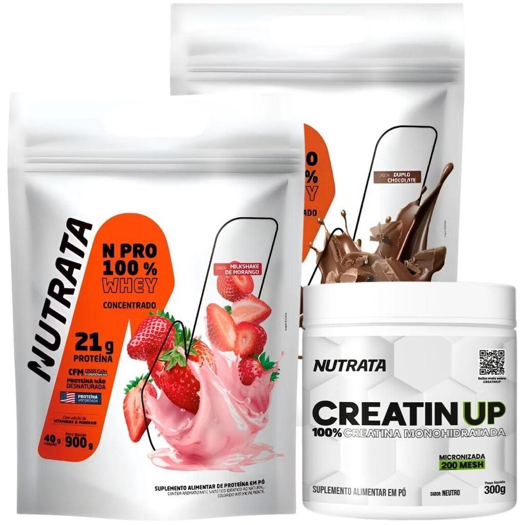 Combo 2x NPro 900g Chocolate e Morango + Creatina Monohidratada 300g