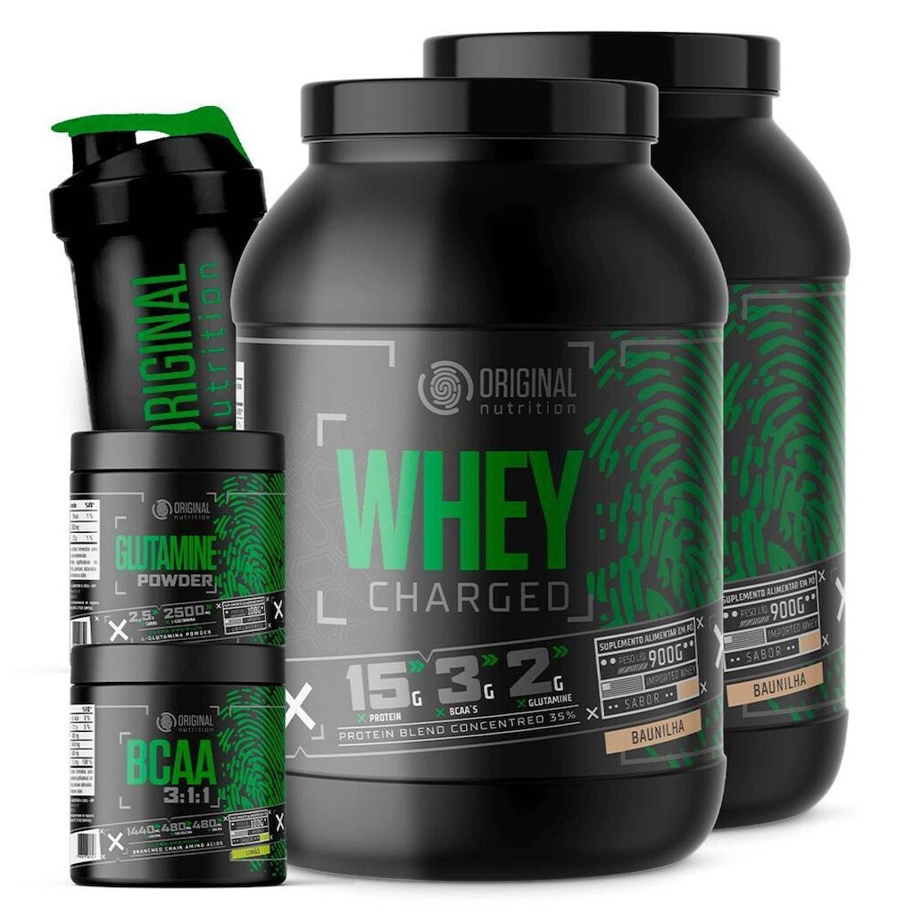 Combo 2x Whey Charged + Glutamina + Bcaa + Shaker - Original Nutrition