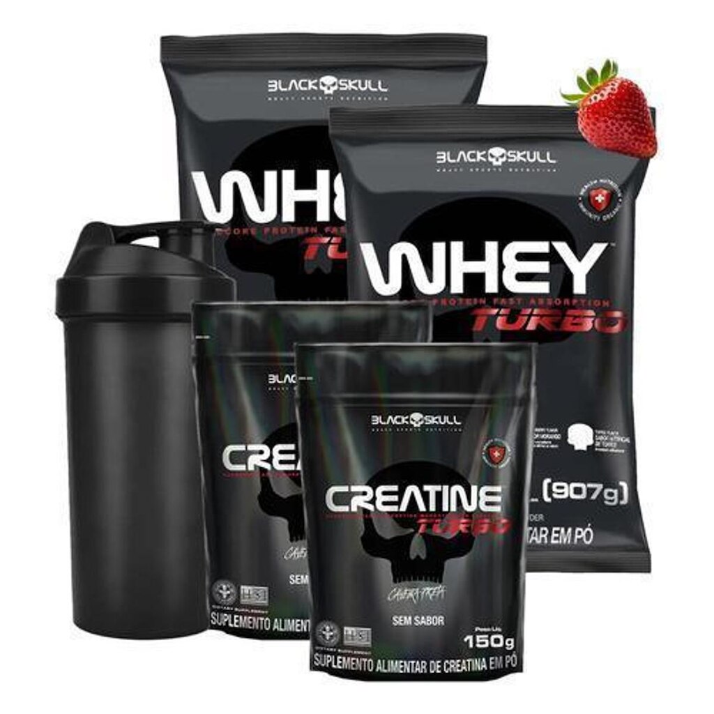 Combo 2x Whey Protein Turbo+ Creatina Black Skull+ Coqueteleira