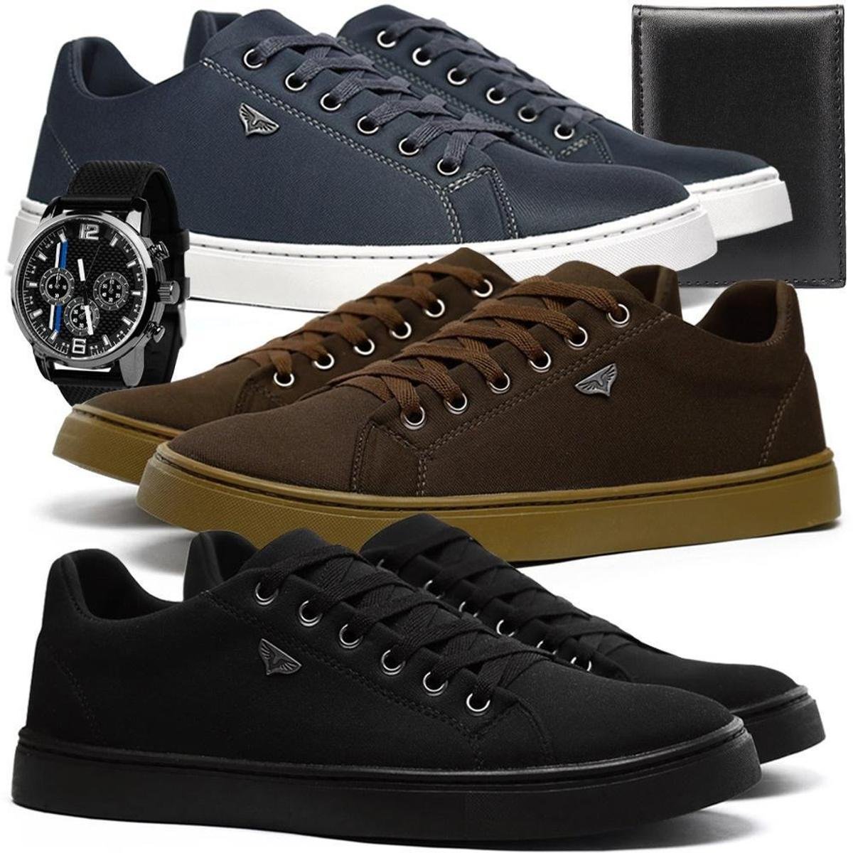 Combo 3 Pares Sapatênis Esporte Fino Casual Com Relógio Quartz + Carteira Slim Menor preço em Combo 3 Pares Sapatênis Esporte Fino Casual Com Relógio Quartz + Carteira Slim