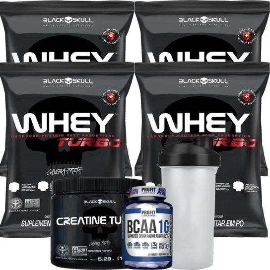 Combo 4x Turbo Whey Protein Nutri Conc 900g Chocolate + Coqueteleira + Creatina + Bcaa - Black Skul Menor preço em Combo 4x Turbo Whey Protein Nutri Conc 900g Chocolate + Coqueteleira + Creatina + Bcaa - Black Skul