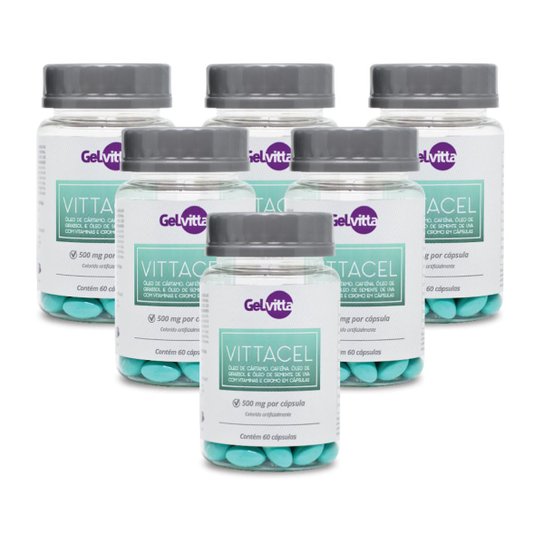 Combo 6 Potes de Vittacel Óleo Cártamo Termogênico 360 Cápsulas Gelvitta - Incolor