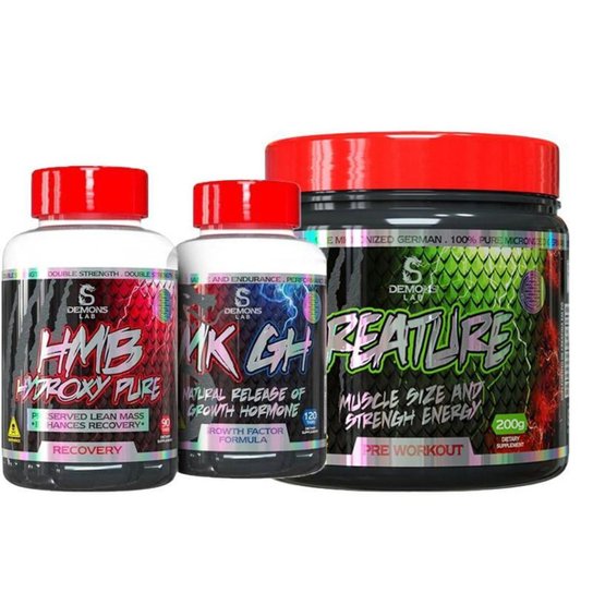 combo de suplemento: mk gh demons lab + hmb demons + pré treino ...
