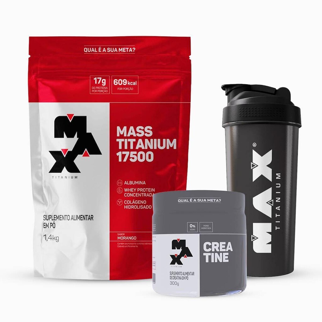 Combo Hipercalórico Mass 17500 Refil 1,4kg, Creatina 300g e Coqueteleira Max