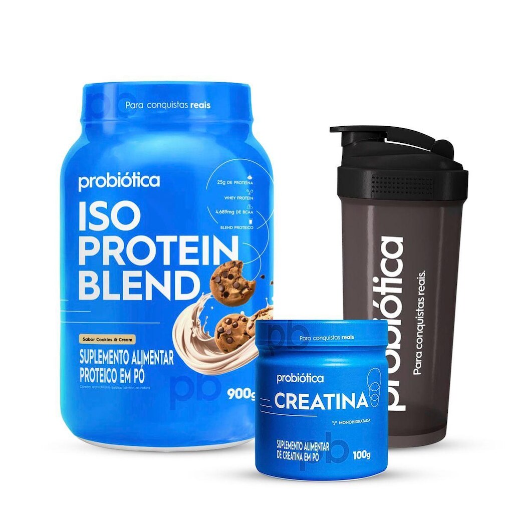 Combo Iso Protein Blend Pote 900g, Creatina 100g e Coqueteleira 700mL - Probiótica