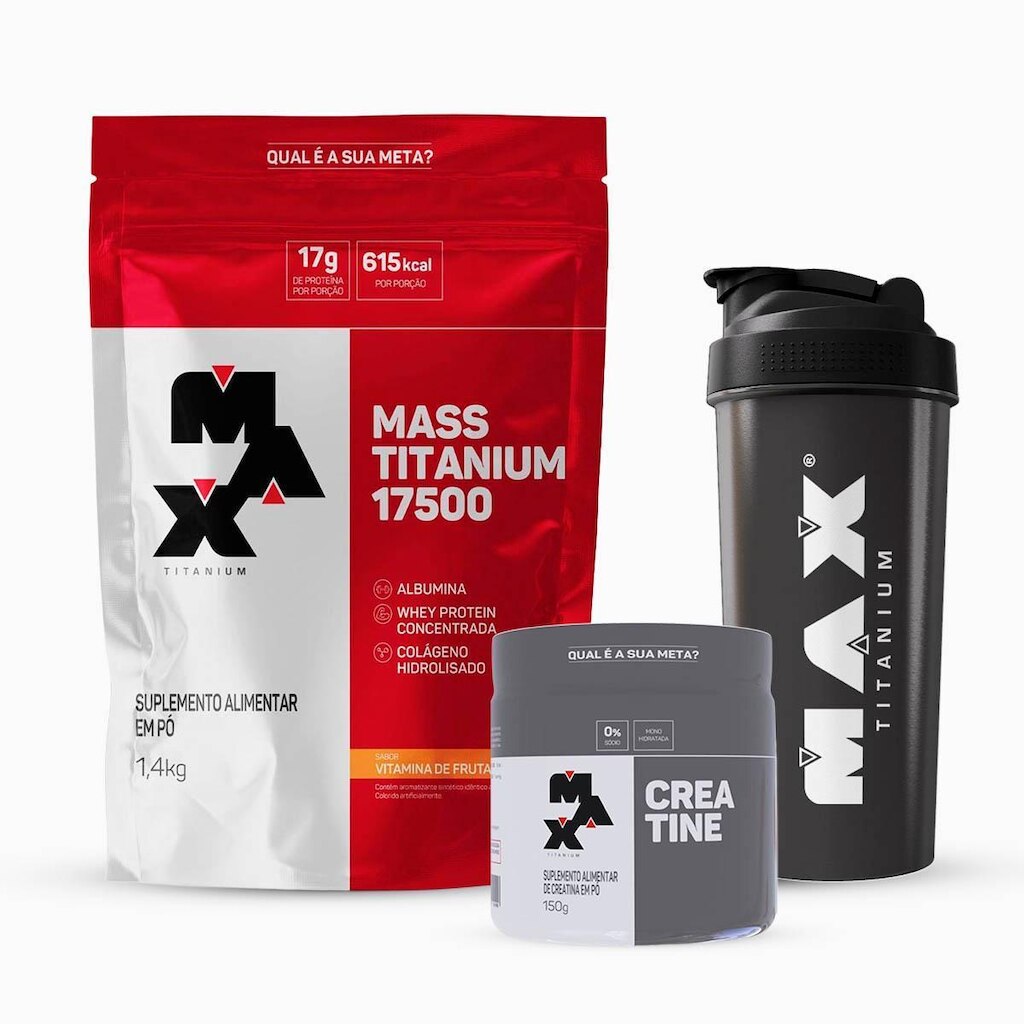 Combo Mass 17500 1,4kg, Creatina 150g e Coqueteleira Max Titanium