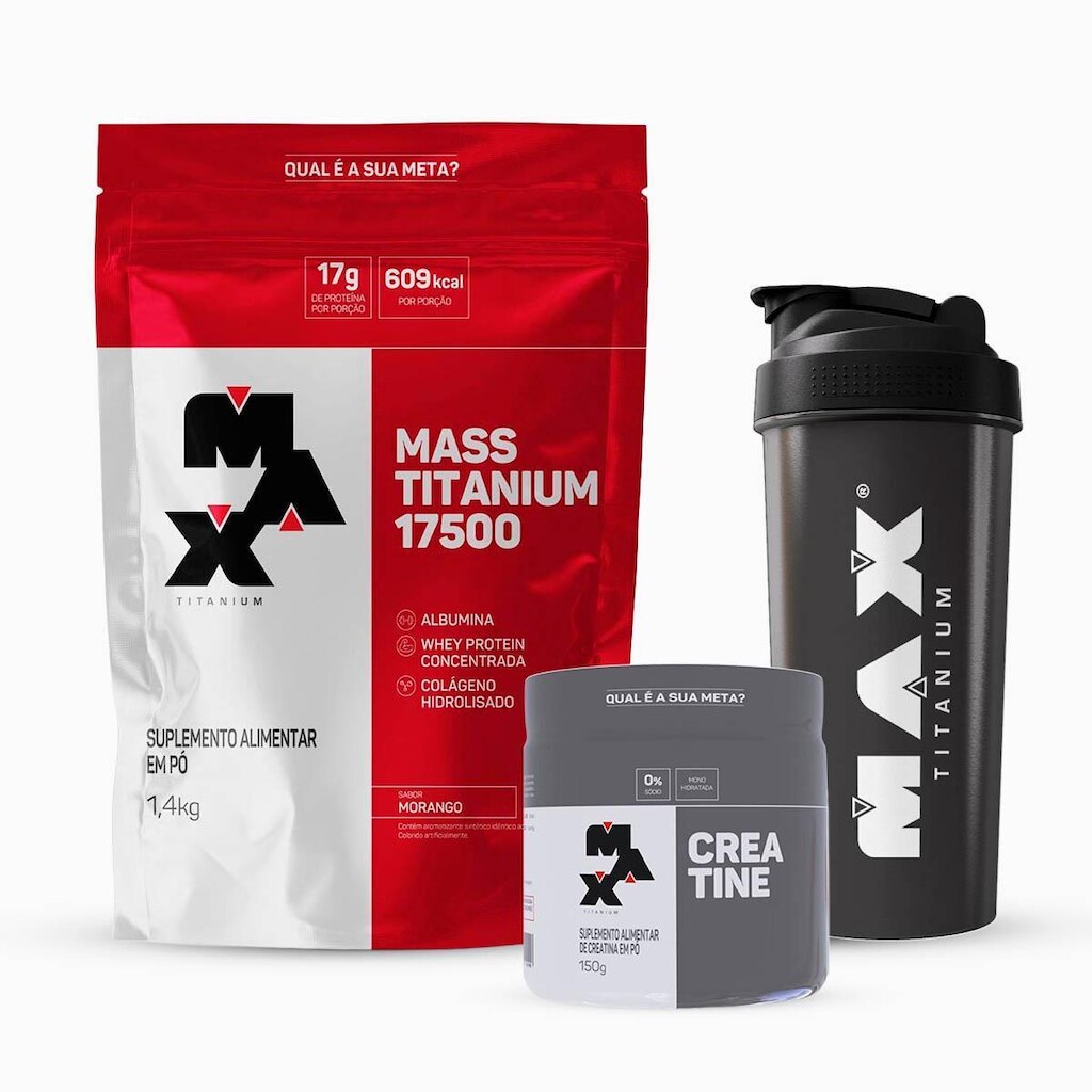 Combo Mass 17500 1,4kg, Creatina 150g e Coqueteleira Max Titanium