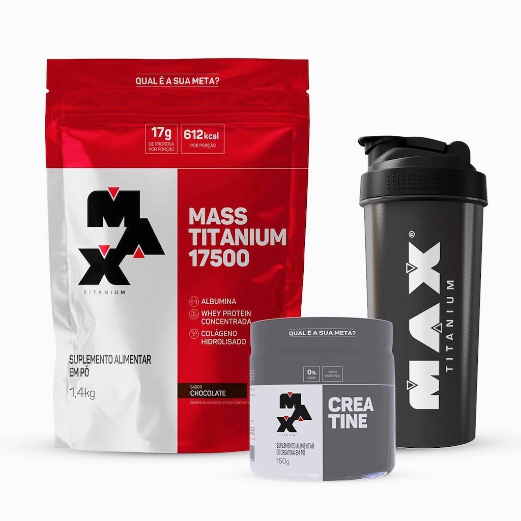 Combo Mass 17500 1,4kg, Creatina 150g e Coqueteleira Max Titanium
