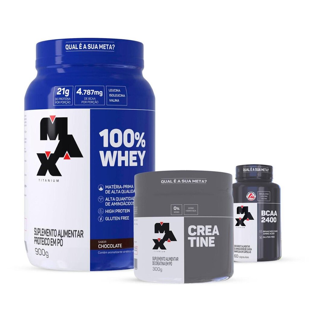 Combo Max Titanium 100% Whey 900g, Creatina 300g e BCAA 60 Cápsulas