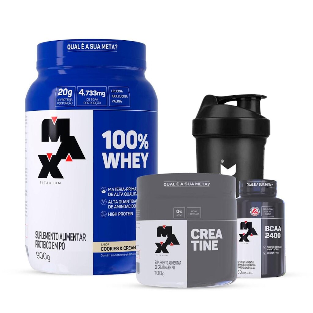 Combo Max Titanium Whey 900g Creatina 100g BCAA 60c Coqueteleira