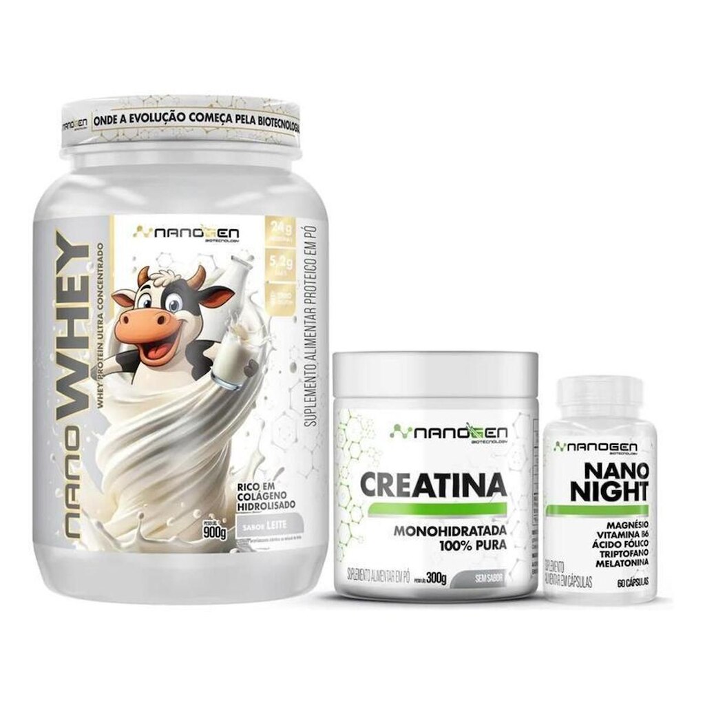 Combo Nutrição Completa Nanogen Whey Protein Creatina Nano Night Nanogen Biotecnology