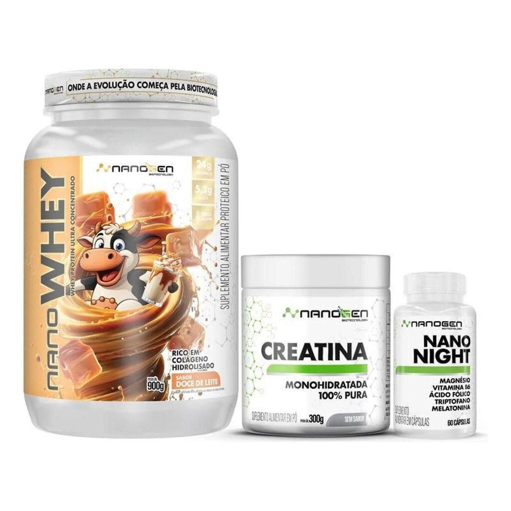 Combo Nutrição Completa Nanogen Whey Protein Creatina Nano Night Nanogen Biotecnology