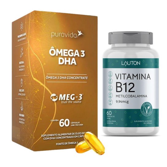 Combo Ômega 3 DHA 60 Caps 1000mg e Vitamina B12 Metilcobalamina Vegana