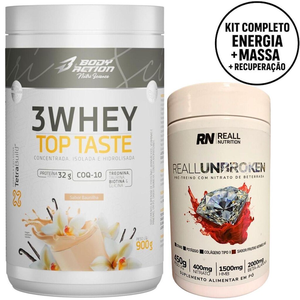 Combo Pré-Treino + Whey Protein Top Taste Body Action 900g