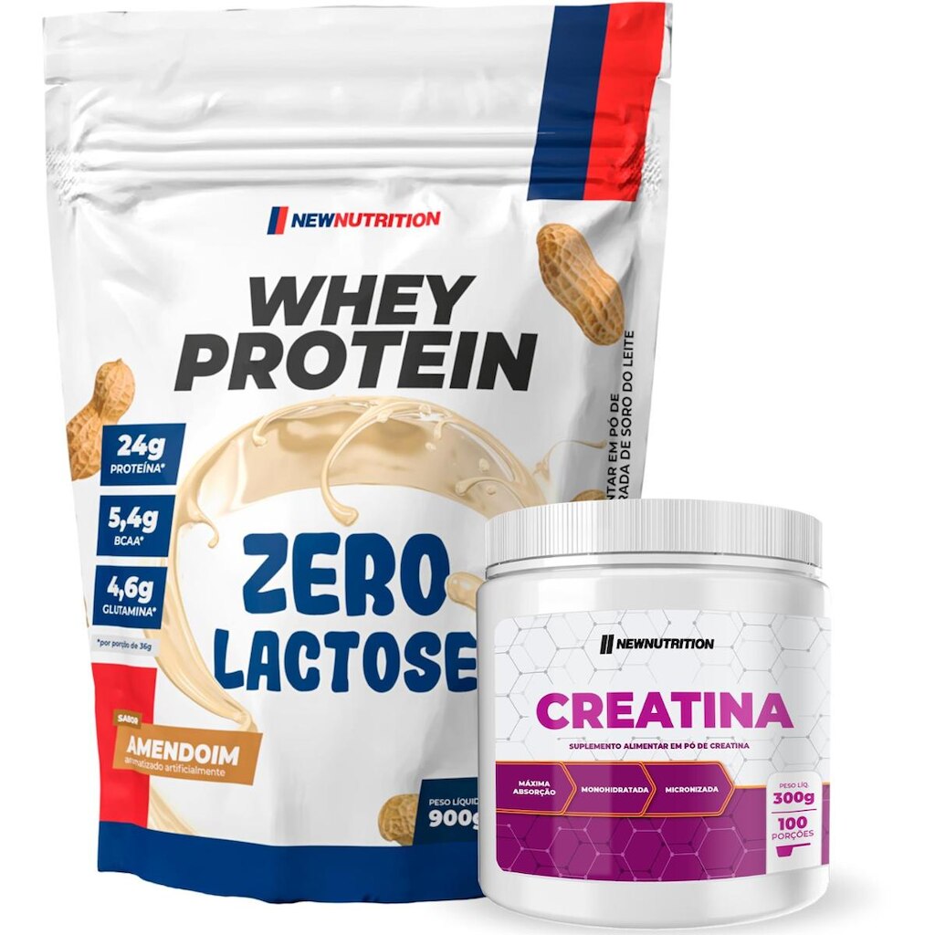 Combo Suplementos Whey Protein Zero Lactose 900g Amendoim + Creatina Monohidratada 300g NewNutrition