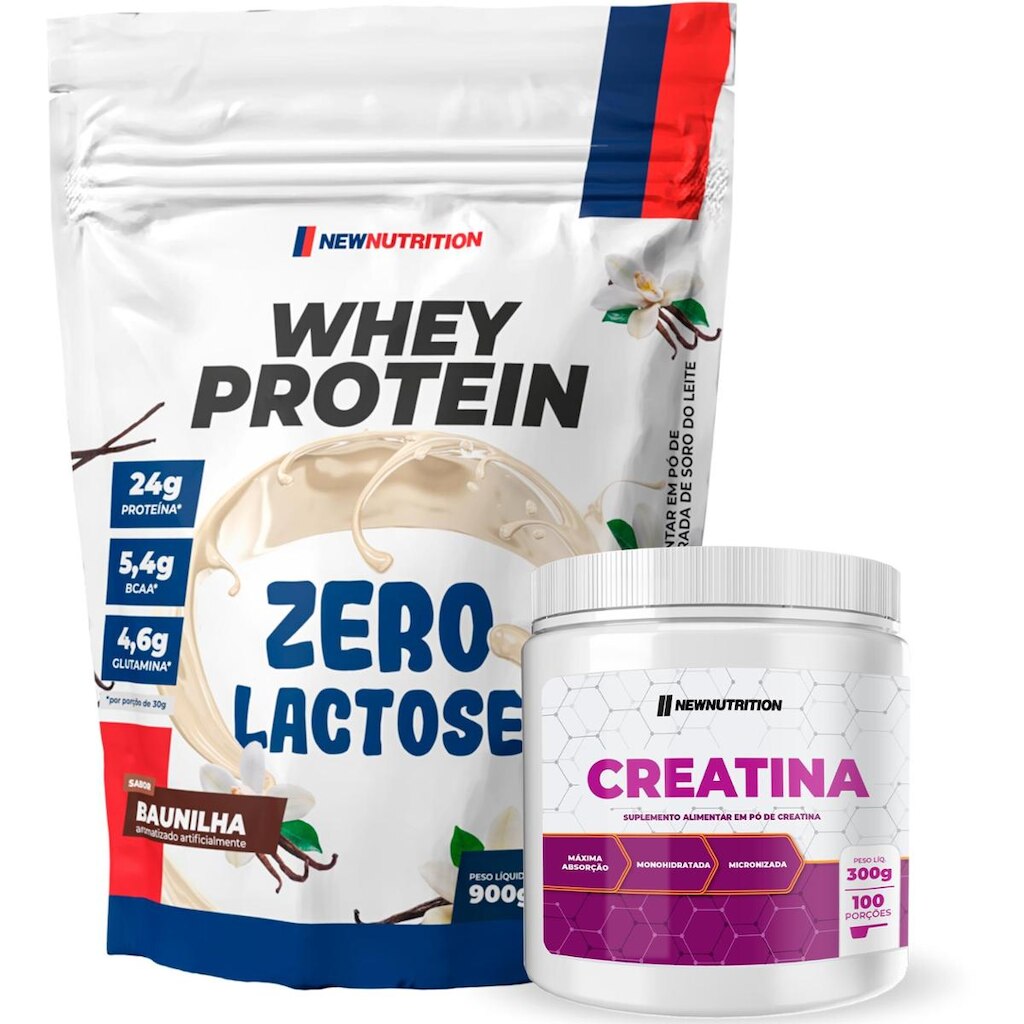 Combo Suplementos Whey Protein Zero Lactose 900g Baunilha + Creatina Monohidratada 300g NewNutrition