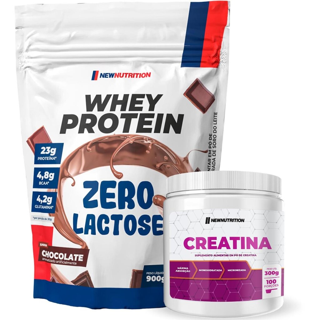 Combo Suplementos Whey Protein Zero Lactose 900g Chocolate +Creatina Monohidratada 300g NewNutrition