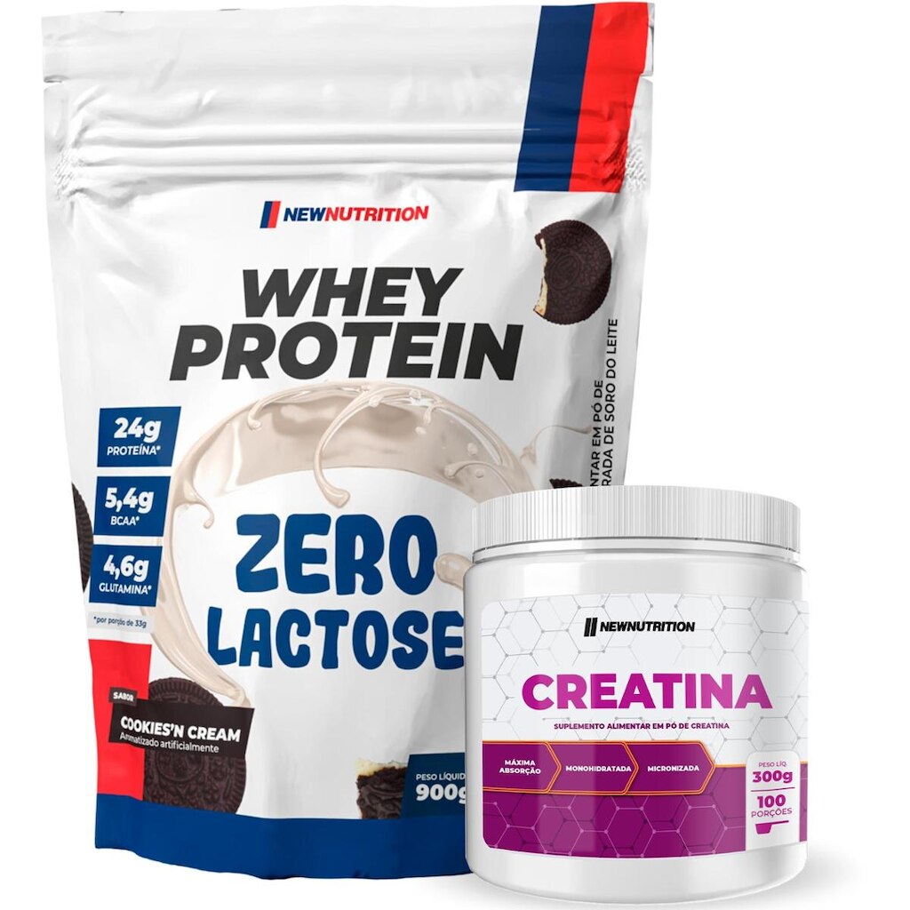 Combo Suplementos Whey Protein Zero Lactose 900g Cookies + Creatina Monohidratada 300g NewNutrition