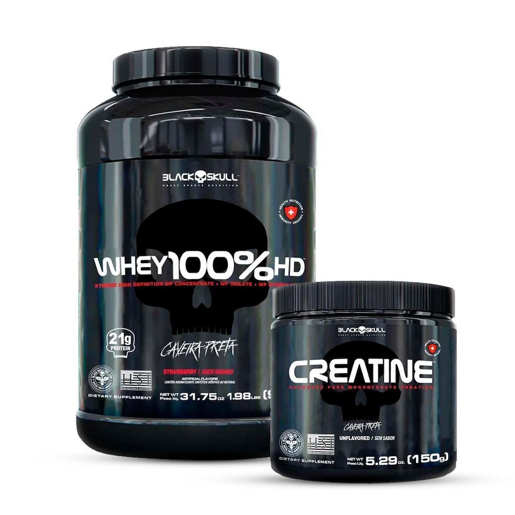 Combo Whey 100% HD 900g e Creatina Pura 150g Black Skull