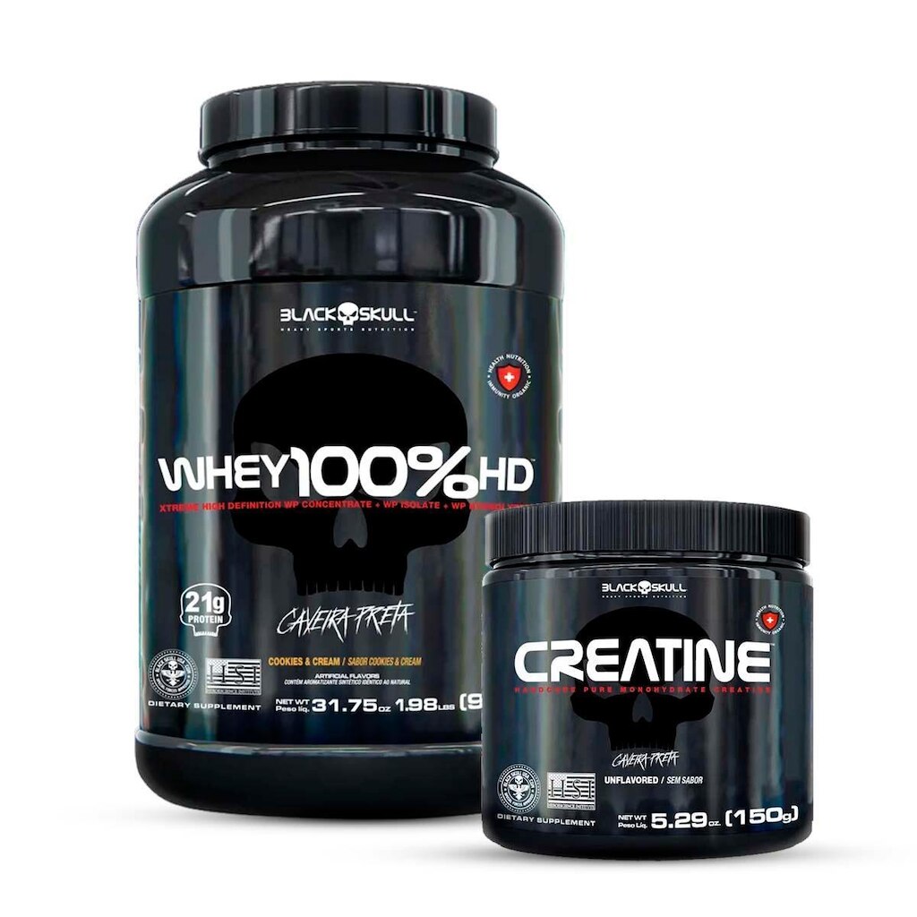 Combo Whey 100% HD 900g e Creatina Pura 150g Black Skull