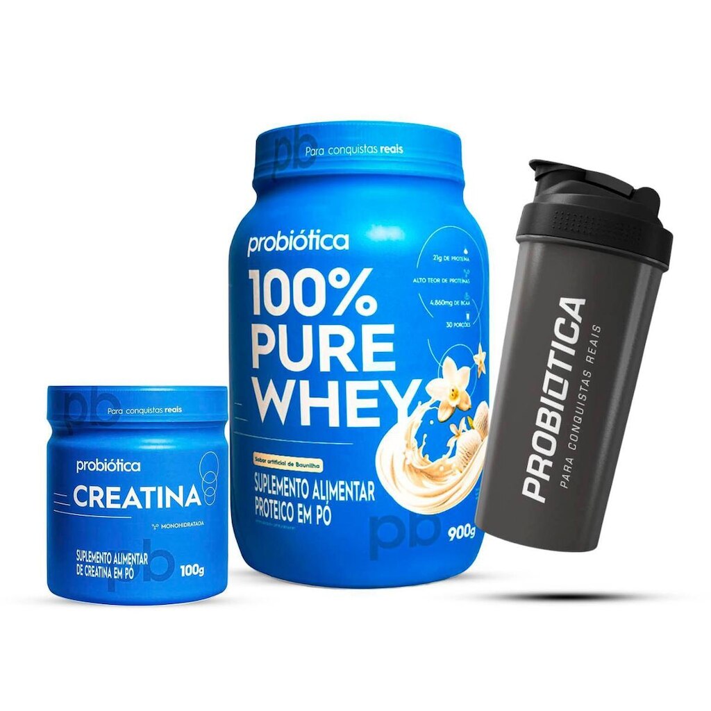 Combo  Whey 100% Pure 900g, Creatina 100g e Coqueteleira Probiótica