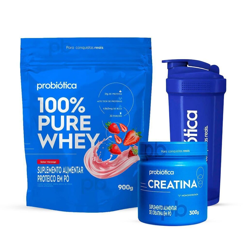 Combo Whey 100% Pure 900g, Creatina 300g e Coqueteleira