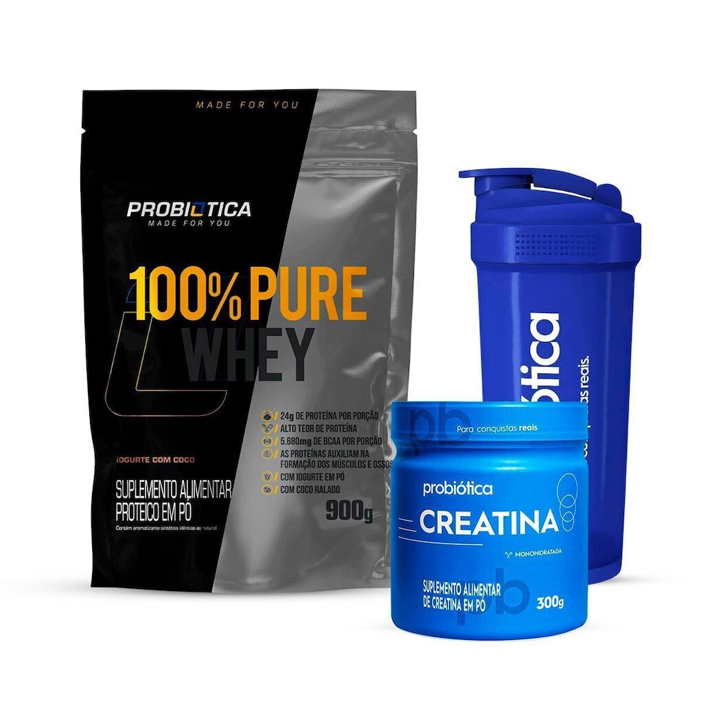 Combo Whey 100% Pure 900g, Creatina 300g e Coqueteleira