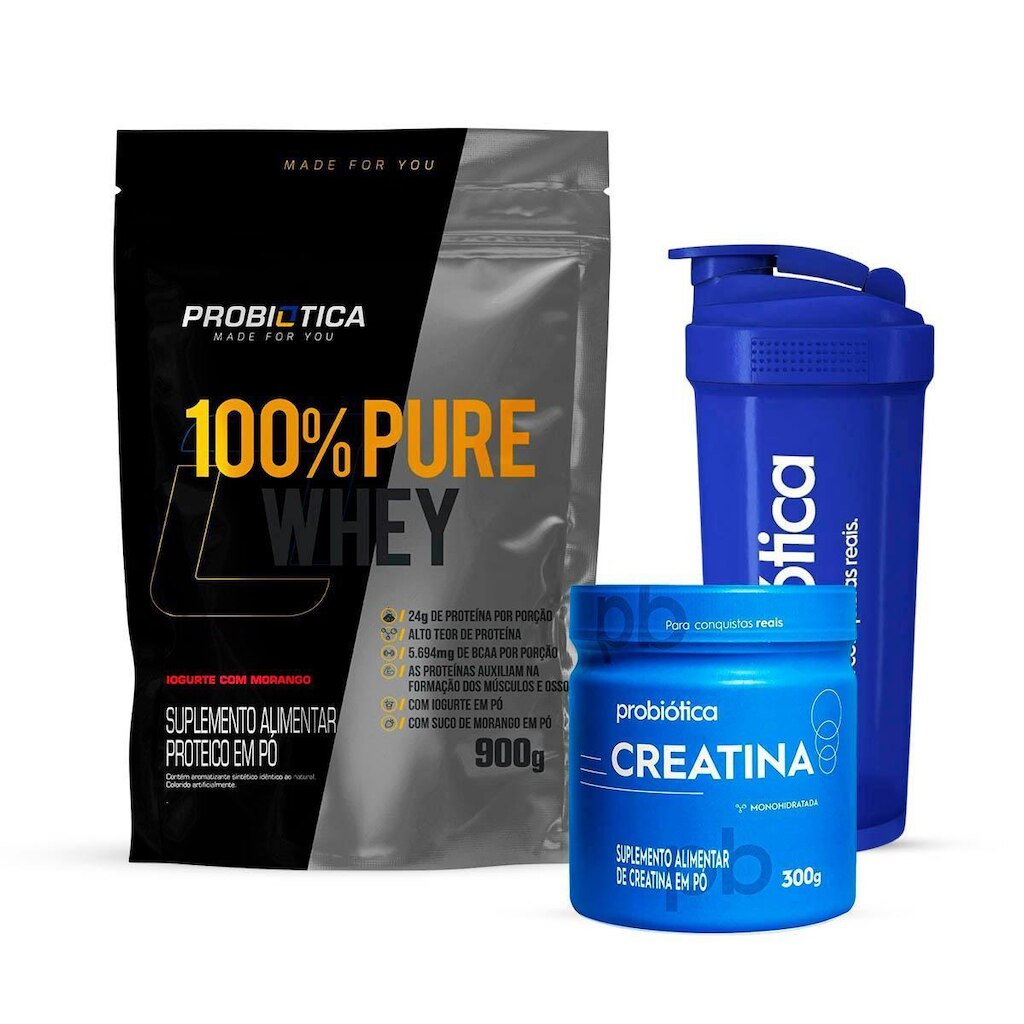 Combo Whey 100% Pure 900g, Creatina 300g e Coqueteleira