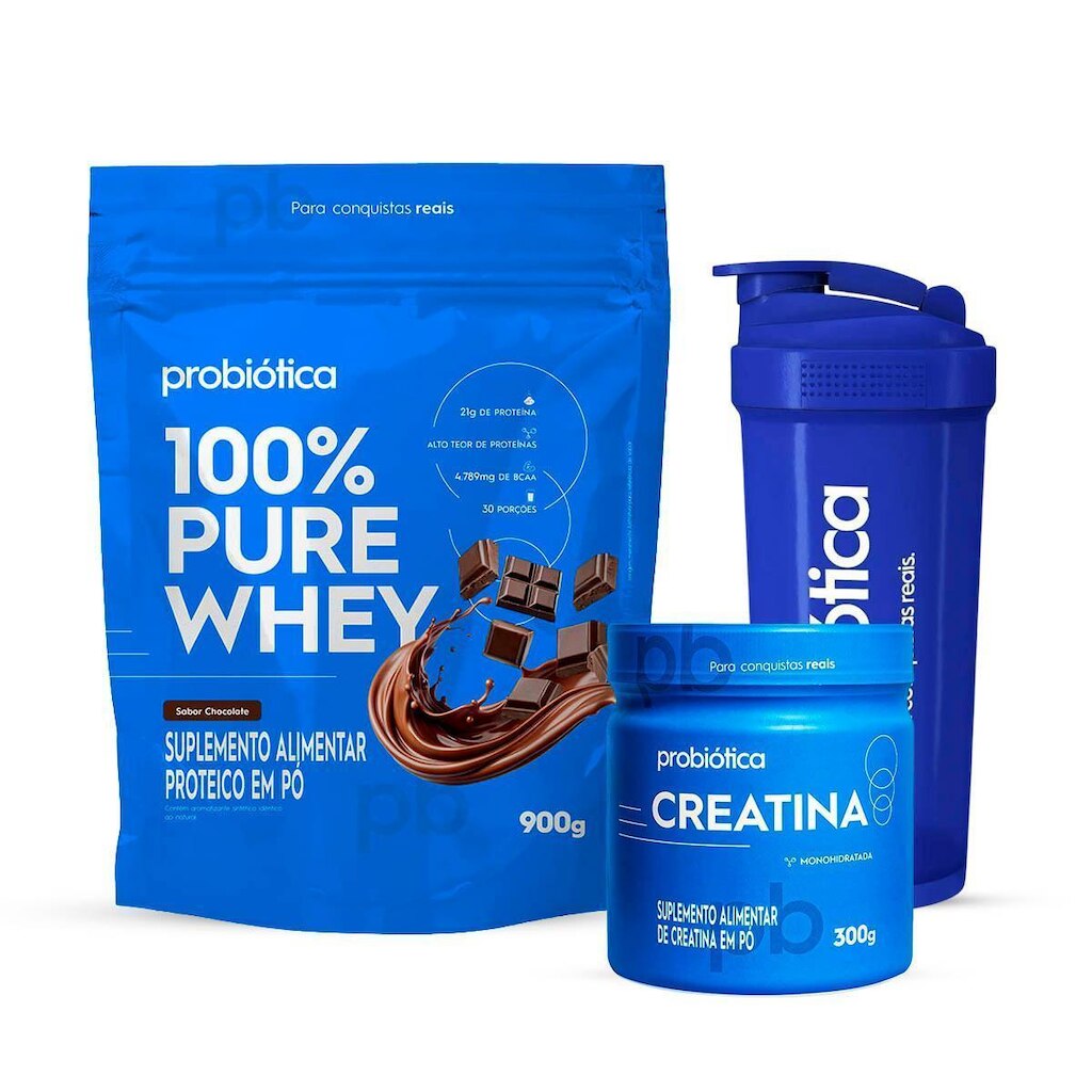 Combo Whey 100% Pure 900g, Creatina 300g e Coqueteleira