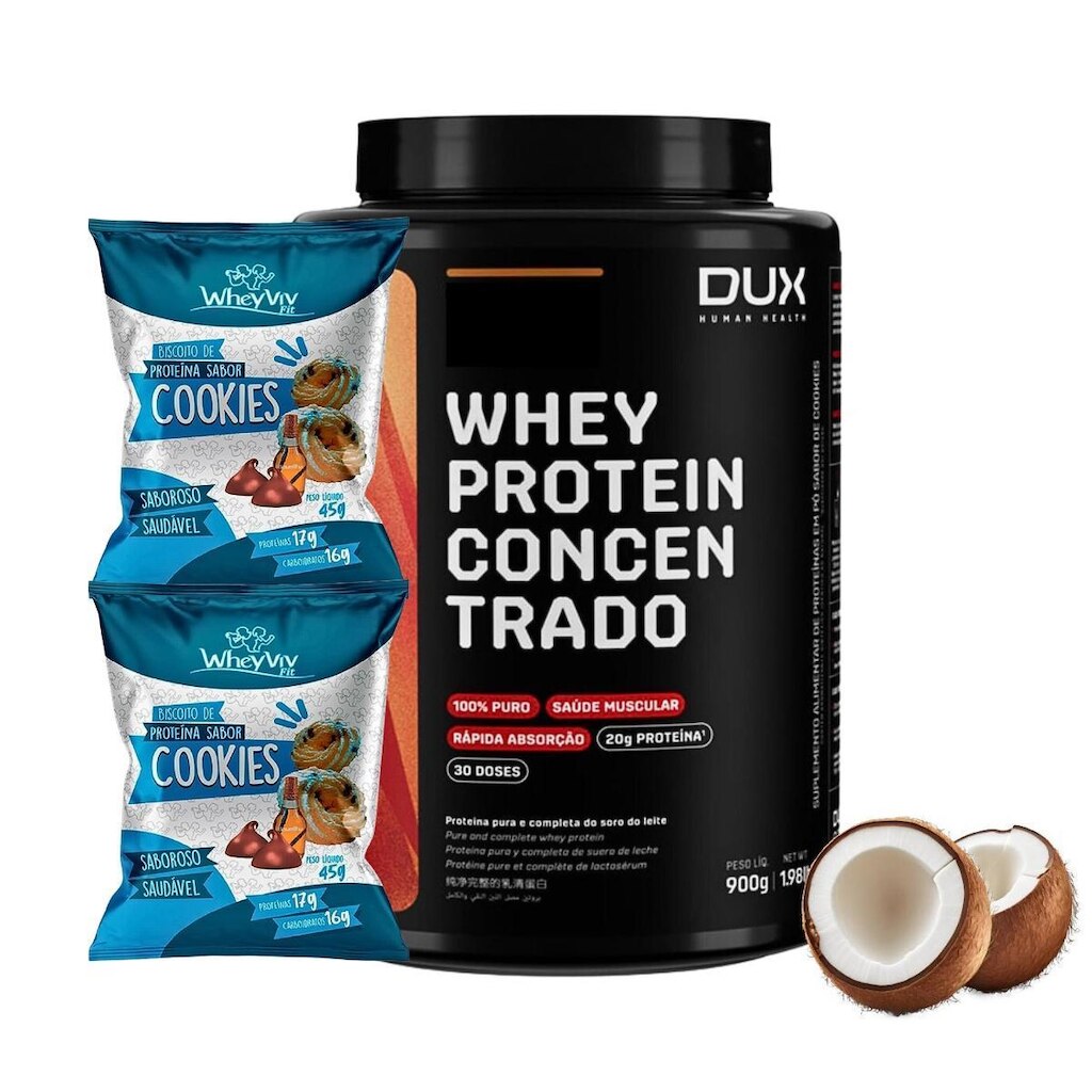 Combo Whey 900g Dux + 2x Biscoitos Cookies Wheyviv Low Carb
