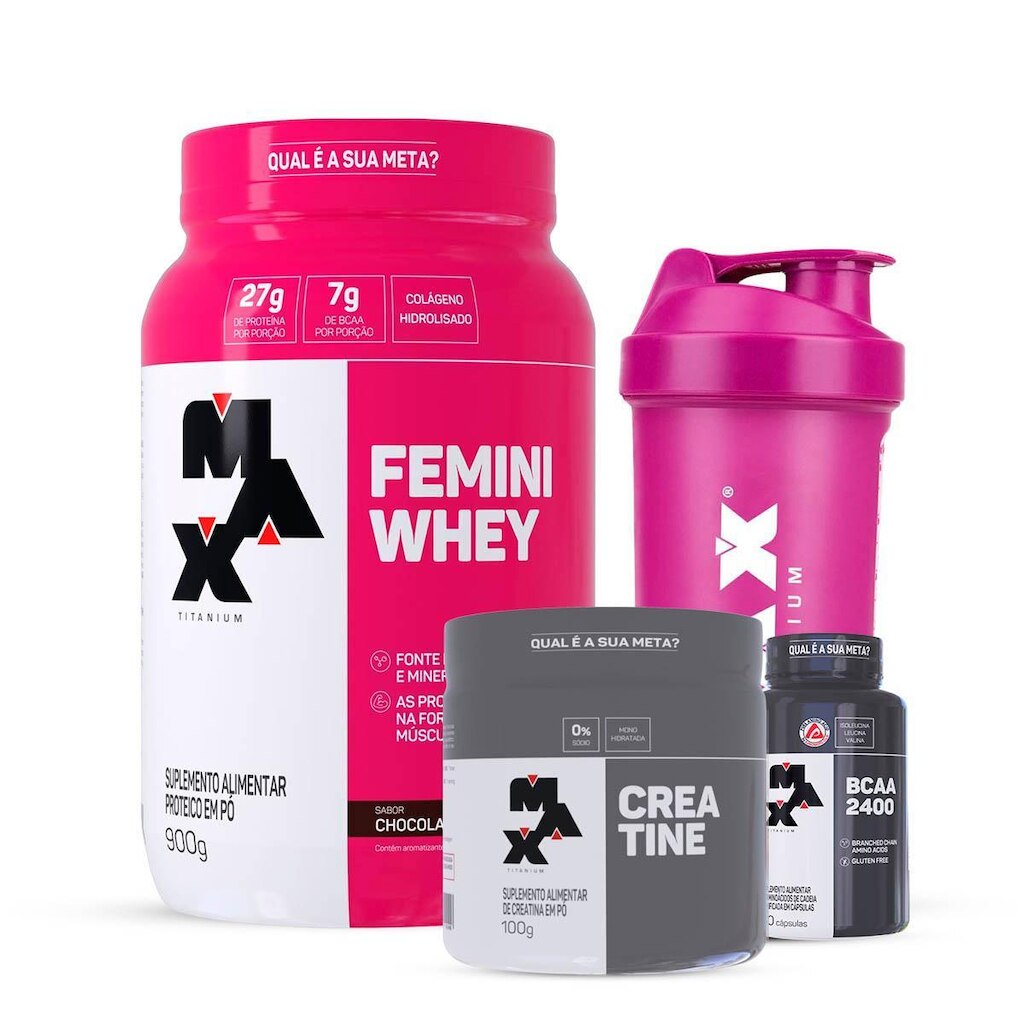 Combo Whey Feminino 900 Gr, Creatina 100g, BCAA 60c e Coqueteleira