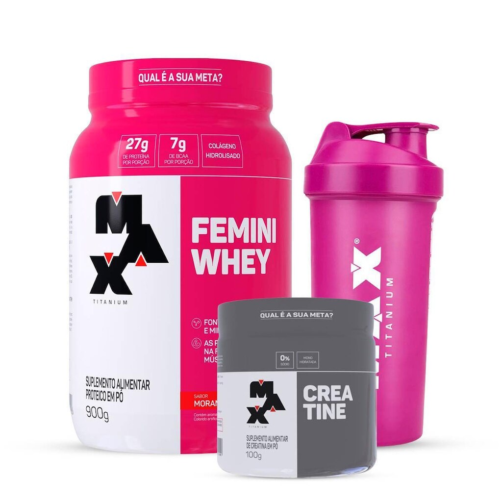 Combo Whey Feminino 900 Gr, Creatina 100g e Coqueteleira Rosa
