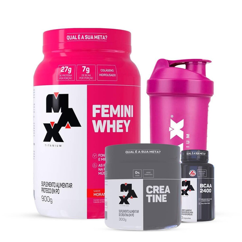 Combo Whey Feminino 900 Gr, Creatina 300g, BCAA 100c e Coqueteleira