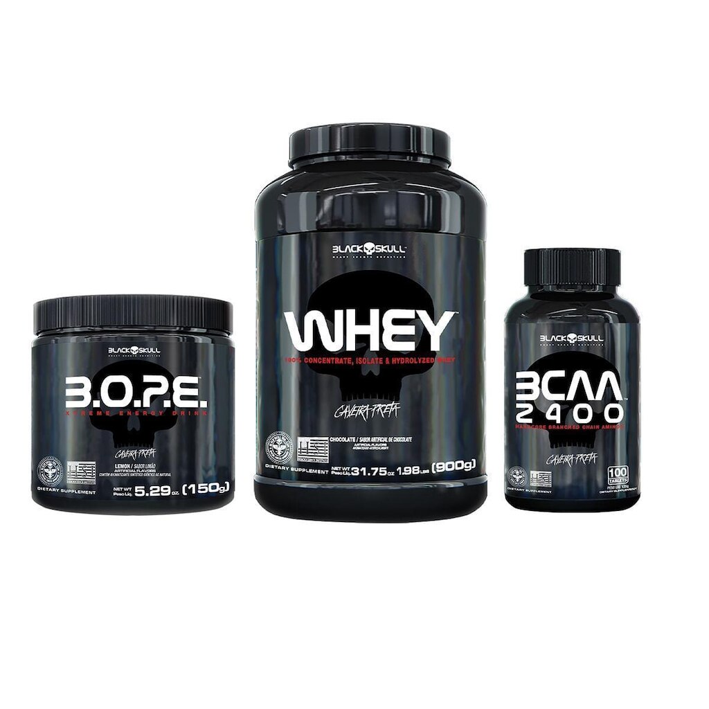 Combo  Whey Isolado, Hidrolisado e Concentrado + Bcaa + Creatina + Glutamina - Black Skull