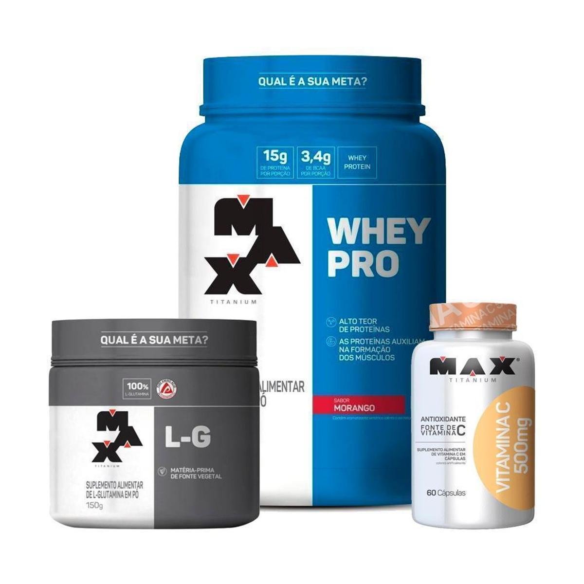 Combo Whey Protein 1kg, Glutamina 150g e Vitamina C 500mg 60 Caps Max