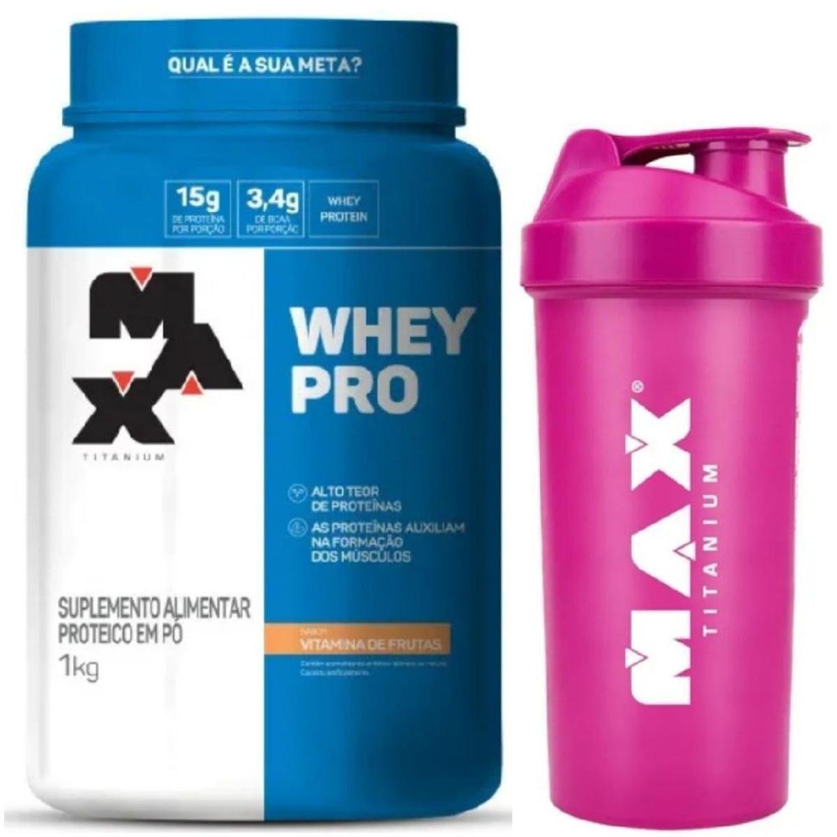 Combo Whey Protein Concentrado Pro 1kg + Coqueteleira Rosa Max Titanium Menor preço em Combo Whey Protein Concentrado Pro 1kg + Coqueteleira Rosa Max Titanium