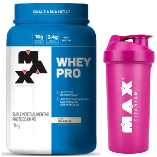 Combo Whey Protein Concentrado Pro 1kg + Coqueteleira Rosa Max Titanium Menor preço em Combo Whey Protein Concentrado Pro 1kg + Coqueteleira Rosa Max Titanium