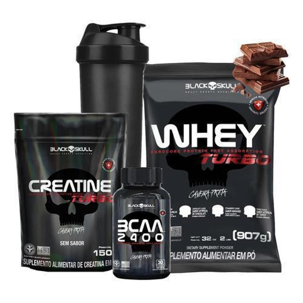Combo Whey Protein Turbo + Creatina + Bcaa Kit Black Skull