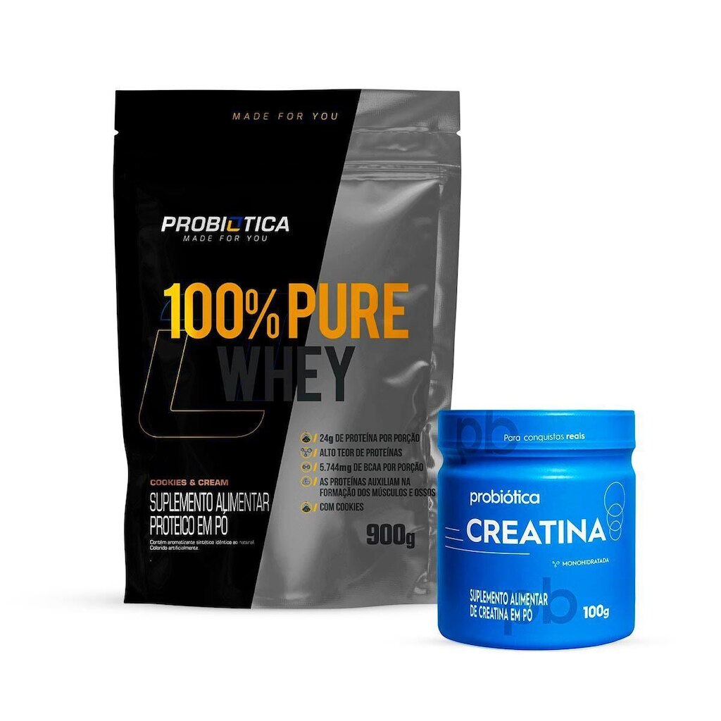 Combo Whey Pure 900g Refil e Creatina 100g Probiótica Original