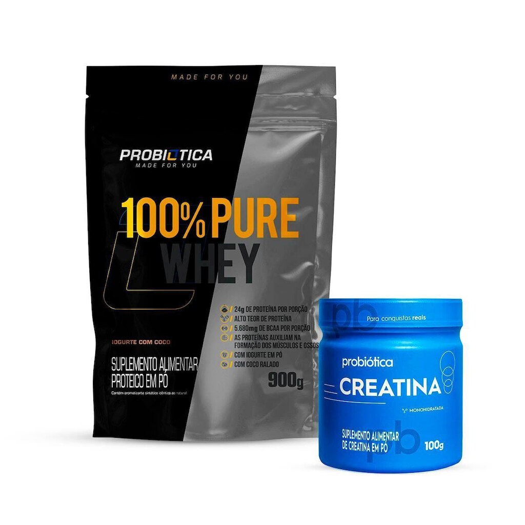 Combo Whey Pure 900g Refil e Creatina 100g Probiótica Original