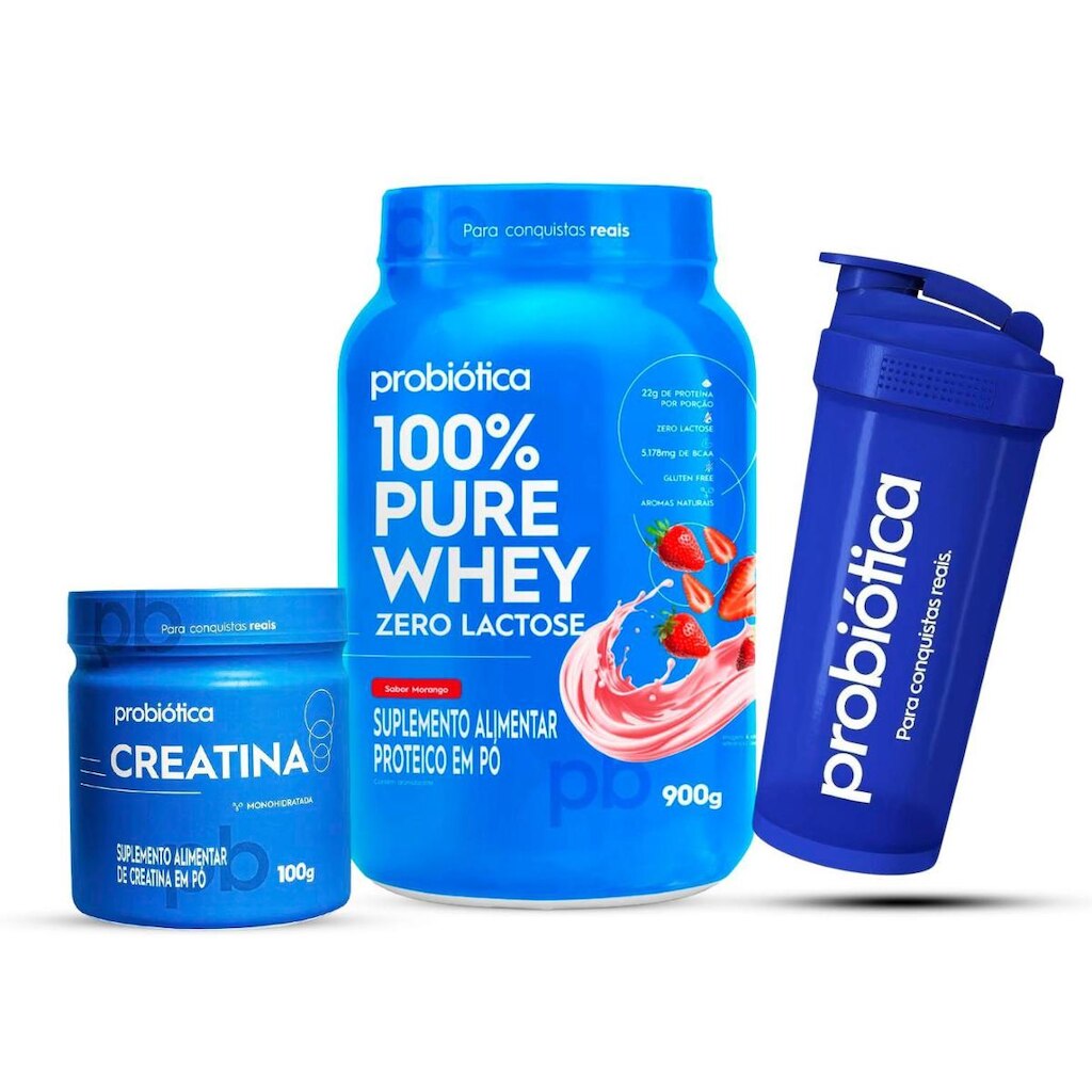 Combo Whey Zero Lactose 900g, Creatina 100g e Coqueteleira
