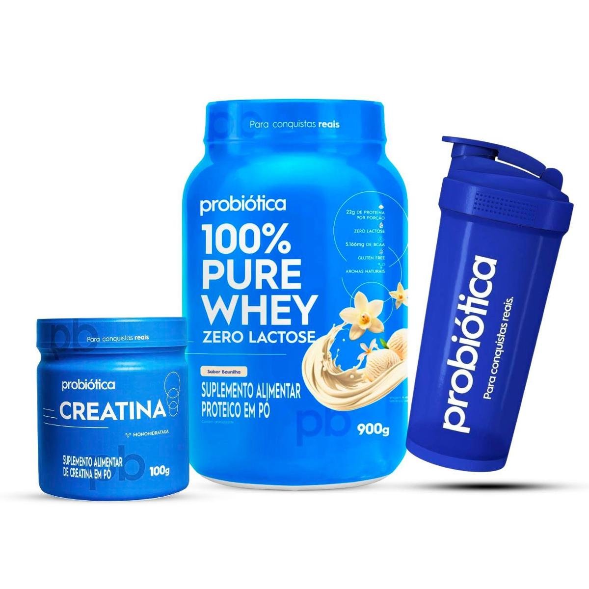 Combo Whey Zero Lactose 900g, Creatina 100g e Coqueteleira